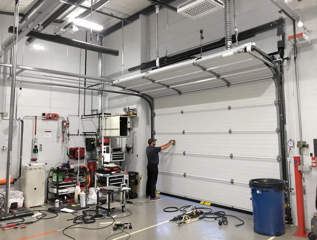 Willimantic Garage Door Repair certified technician performing commercial door repair at a Willimantic business facility