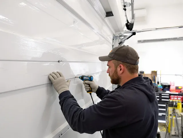 Willimantic Garage Door Repair technician demonstrating precision dent removal techniques on a Willimantic garage door