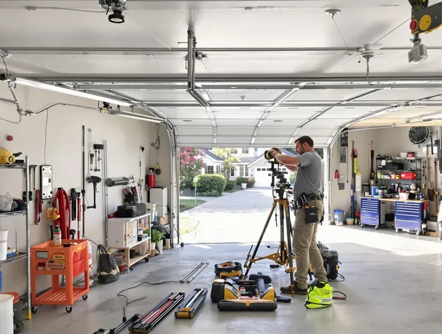 Willimantic Garage Door Repair specialist performing laser-guided track alignment in Willimantic